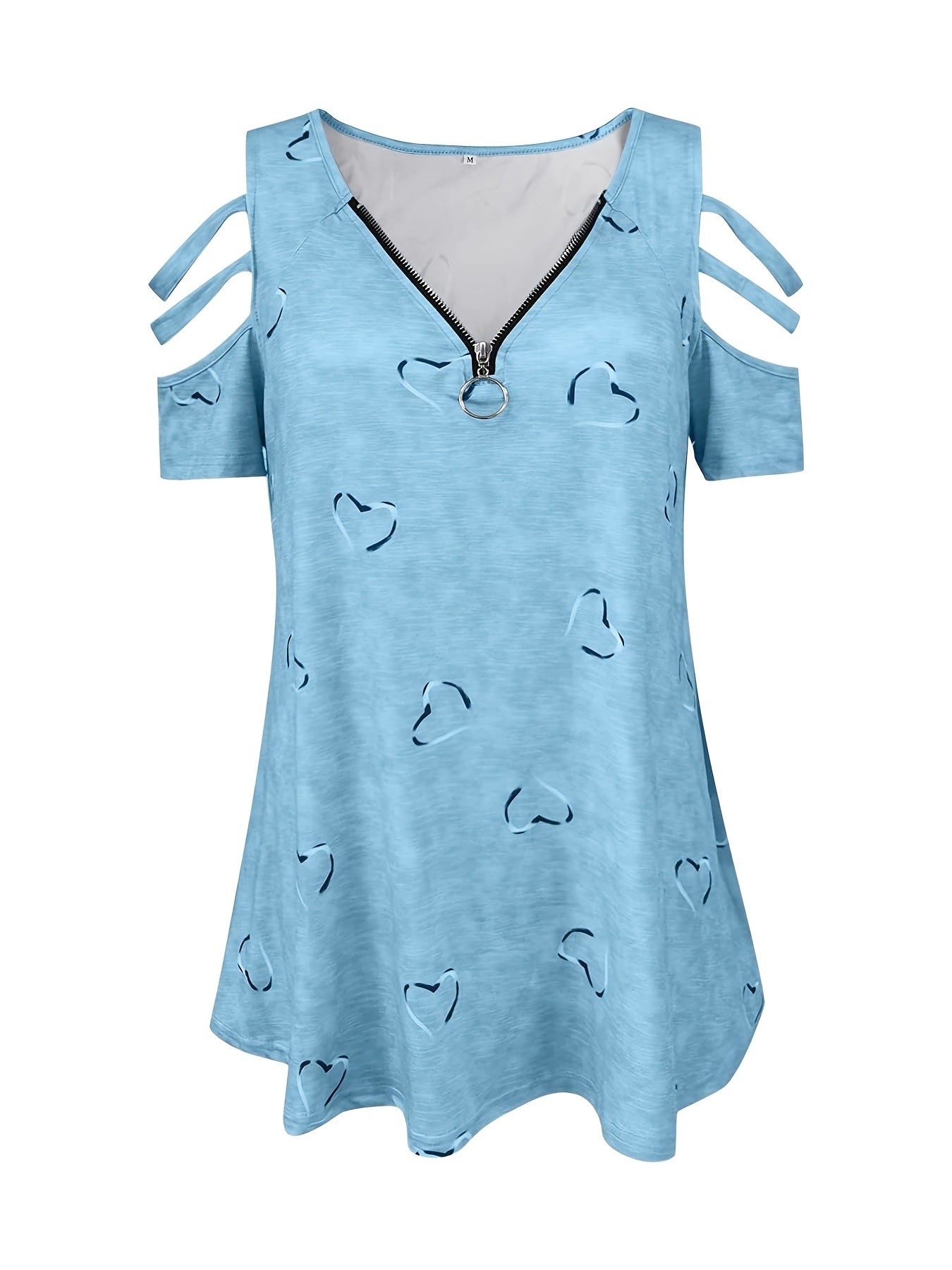 Plus Size Heart Print Zipper Short Sleeve Top; Women's Plus Slight Stretch V Neck Casual T-shirt