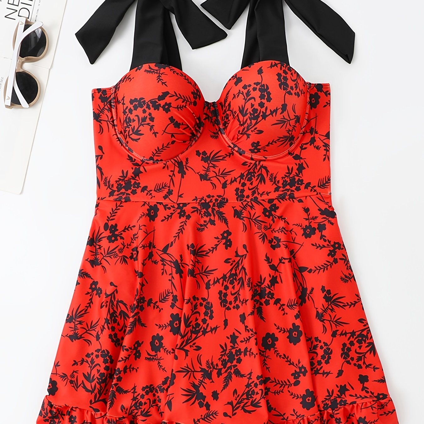 Plus Size Floral Print Knot Strap One Piece Fashion Swimsuit