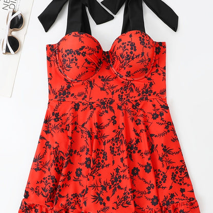 Plus Size Floral Print Knot Strap One Piece Fashion Swimsuit