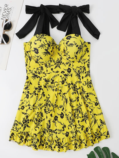 Plus Size Floral Print Knot Strap One Piece Fashion Swimsuit