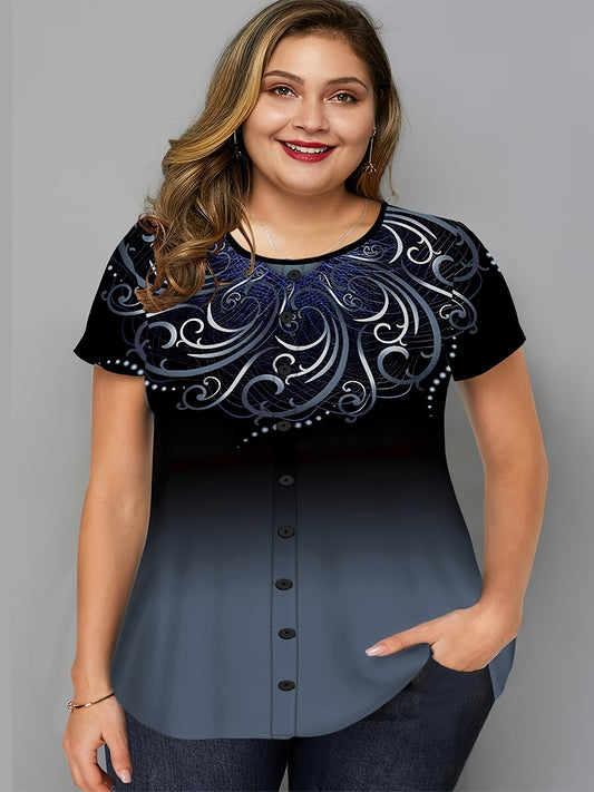 Plus Size Ombre Graphic Print Button Decor Short Sleeve T-shirt; Women's Plus Slight Stretch Casual Top