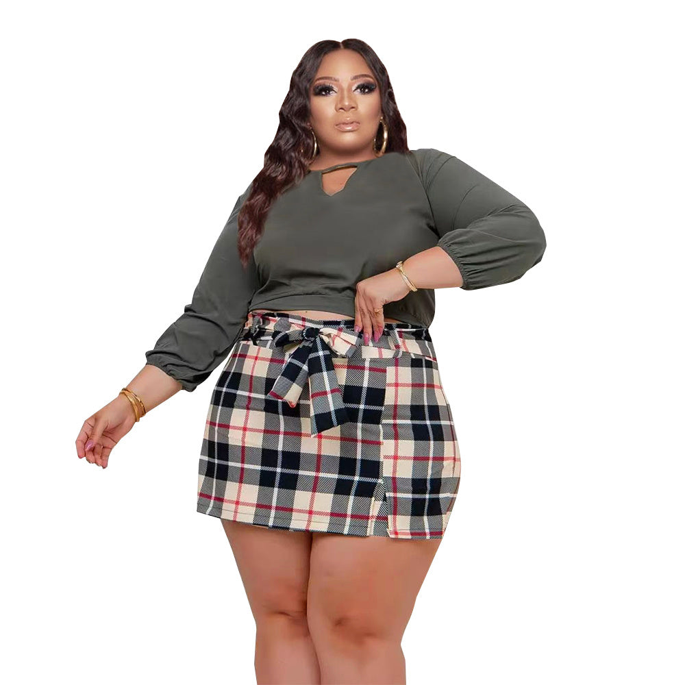 Plus Size Long Sleeve Top and  Plaid Mini Culottes Two Piece Sets