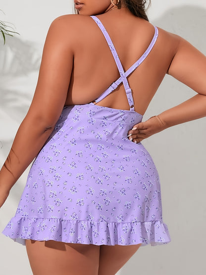 Plus Size Ditsy Floral Print V Neck Ruffle Hem One Piece Swimsuit