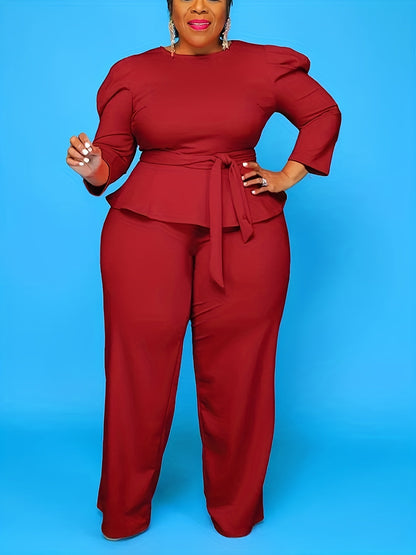 Women's Plus 3/4 Sleeve Peplum Zipper Tops Wide Leg Pant Outfits