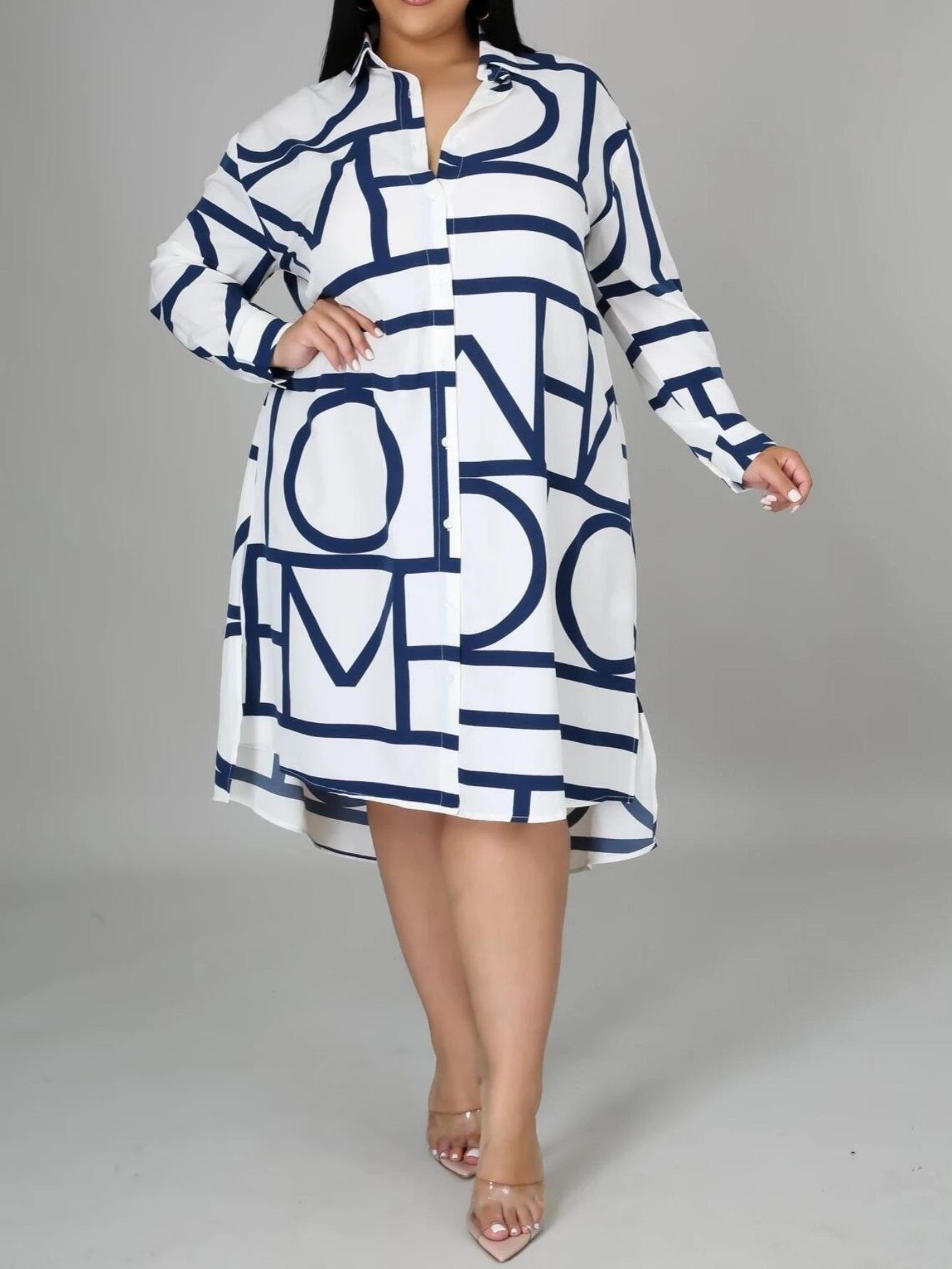 Geometric-pattern Lapel Long Sleeve Irregular Hem Shirt Dress