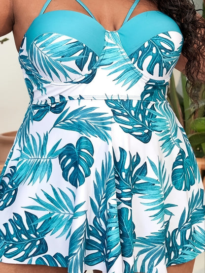 Plus Size Tropical Print Cut Out Top & Panties Swimsuit Set
