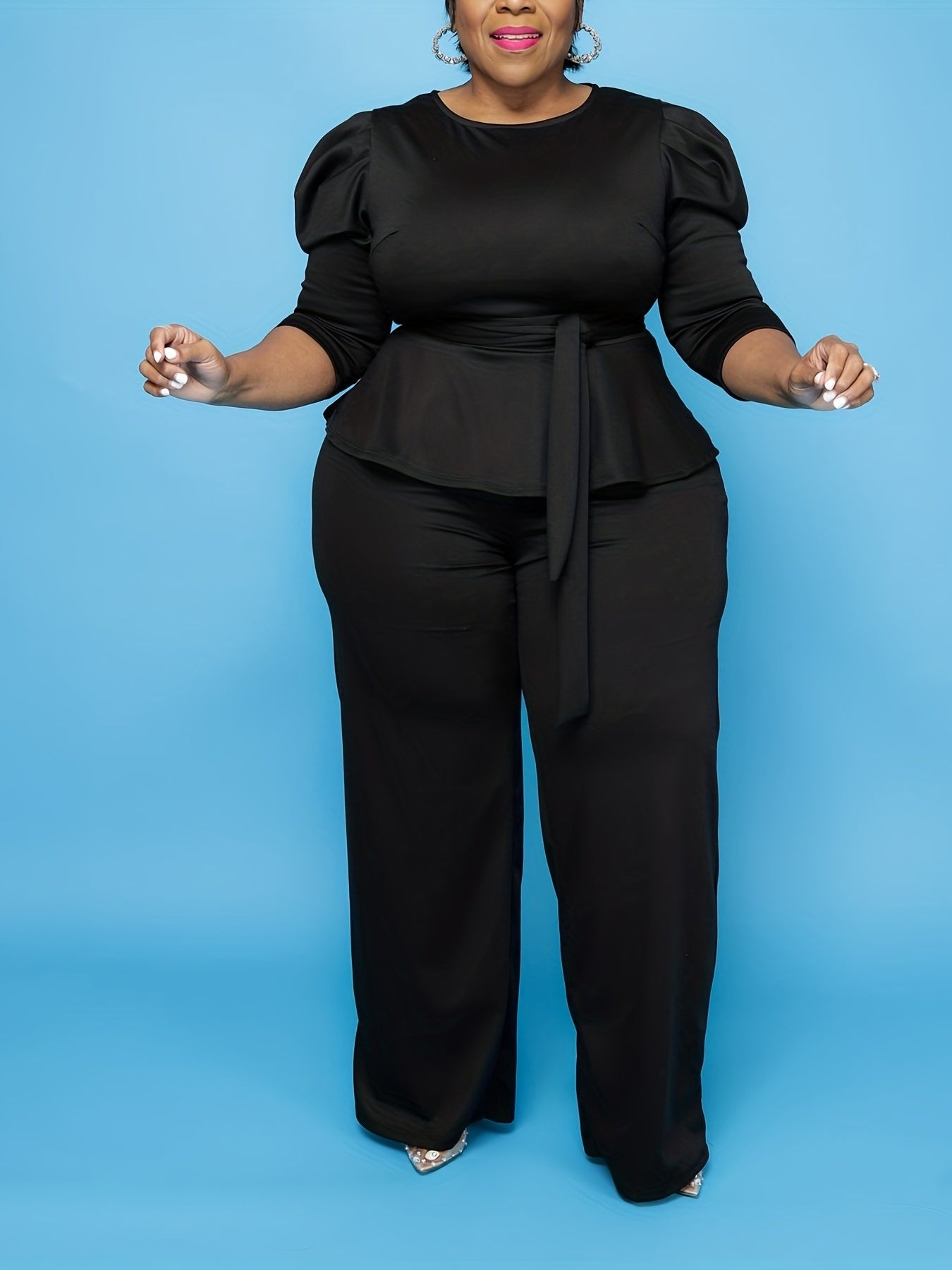 Women's Plus 3/4 Sleeve Peplum Zipper Tops Wide Leg Pant Outfits