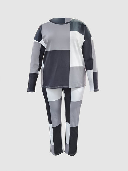 Plus Size Color block Long Sleeve Tops & Pants Set