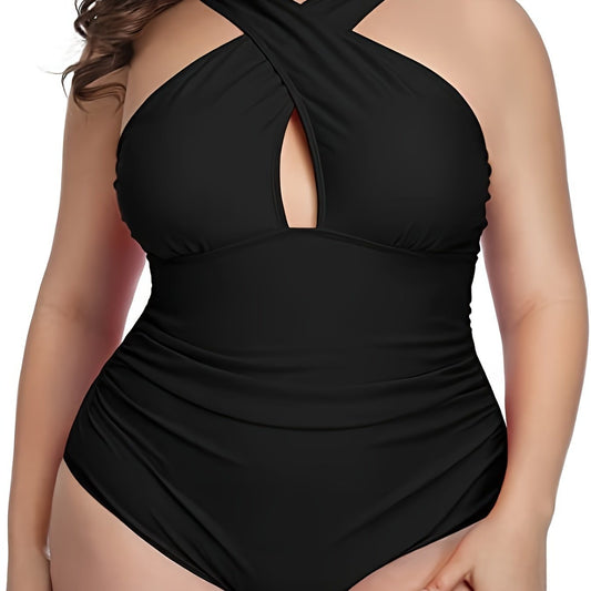 Plus Size Criss Cross Neck Cut Out One Piece Swimsuit