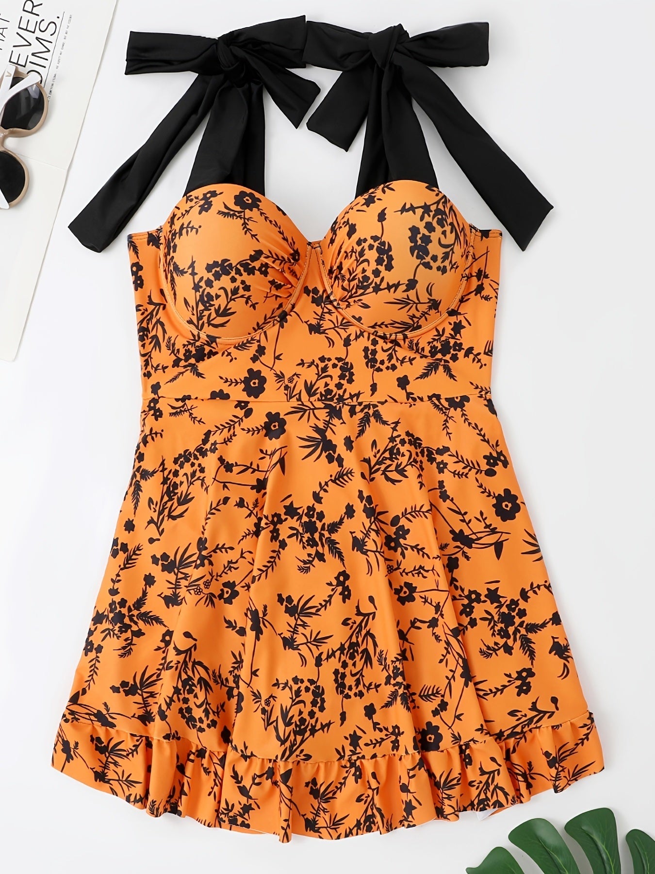 Plus Size Floral Print Knot Strap One Piece Fashion Swimsuit