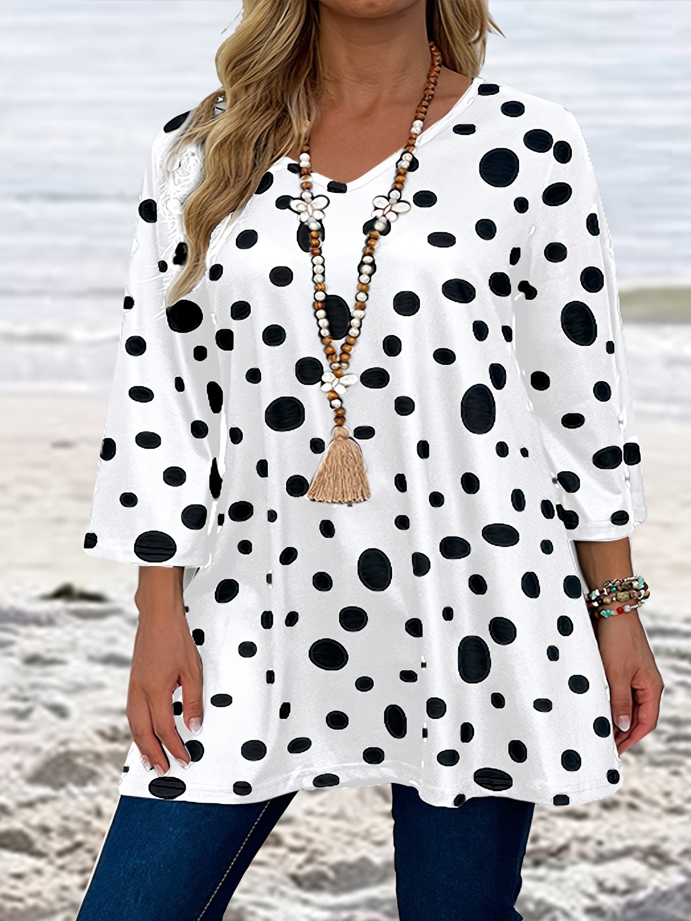 Women's Plus Polka Dot Print Half Sleeve V Neck Top