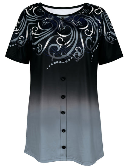 Plus Size Ombre Graphic Print Button Decor Short Sleeve T-shirt; Women's Plus Slight Stretch Casual Top