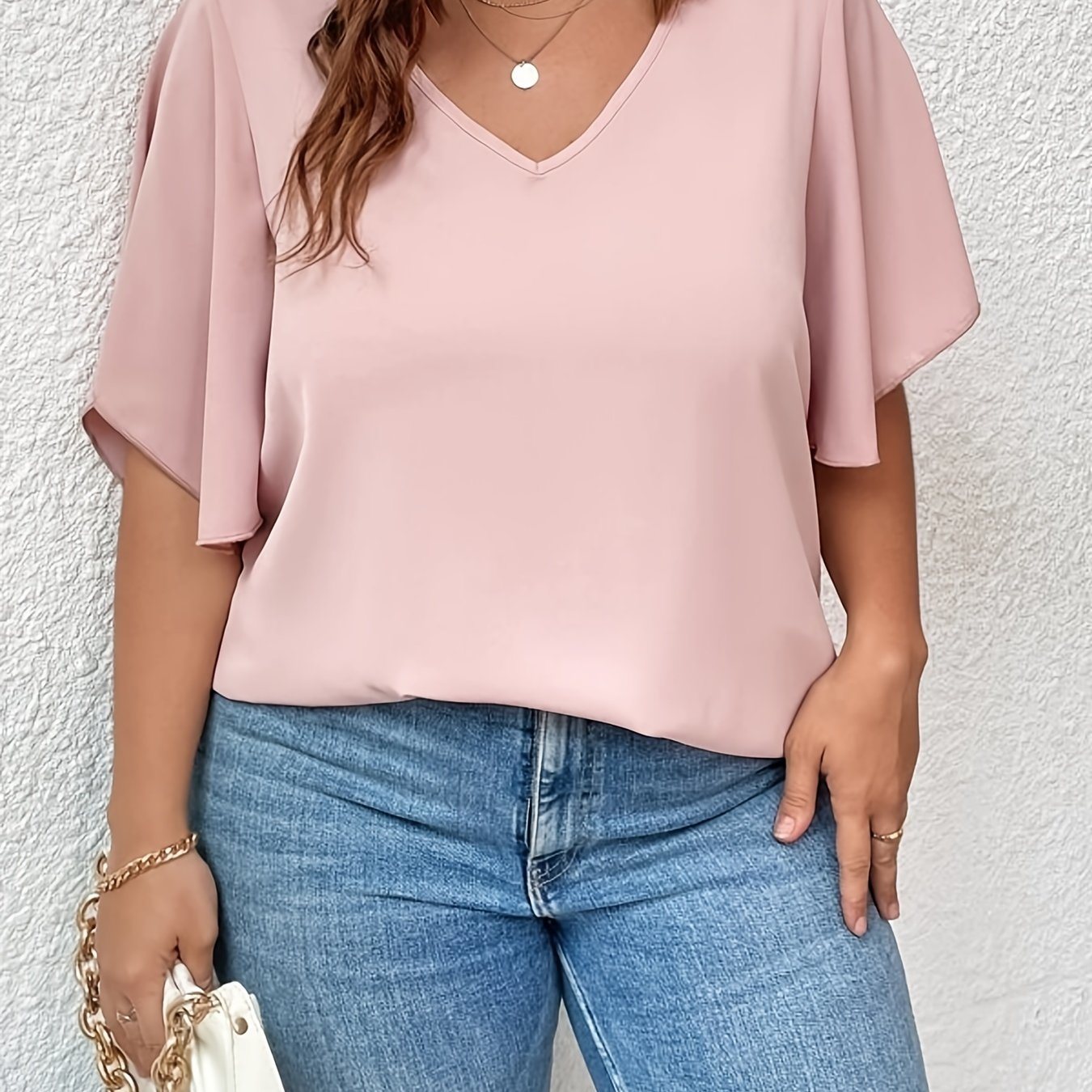 Plus Size Solid Color V Neck Bell Sleeve T-shirt