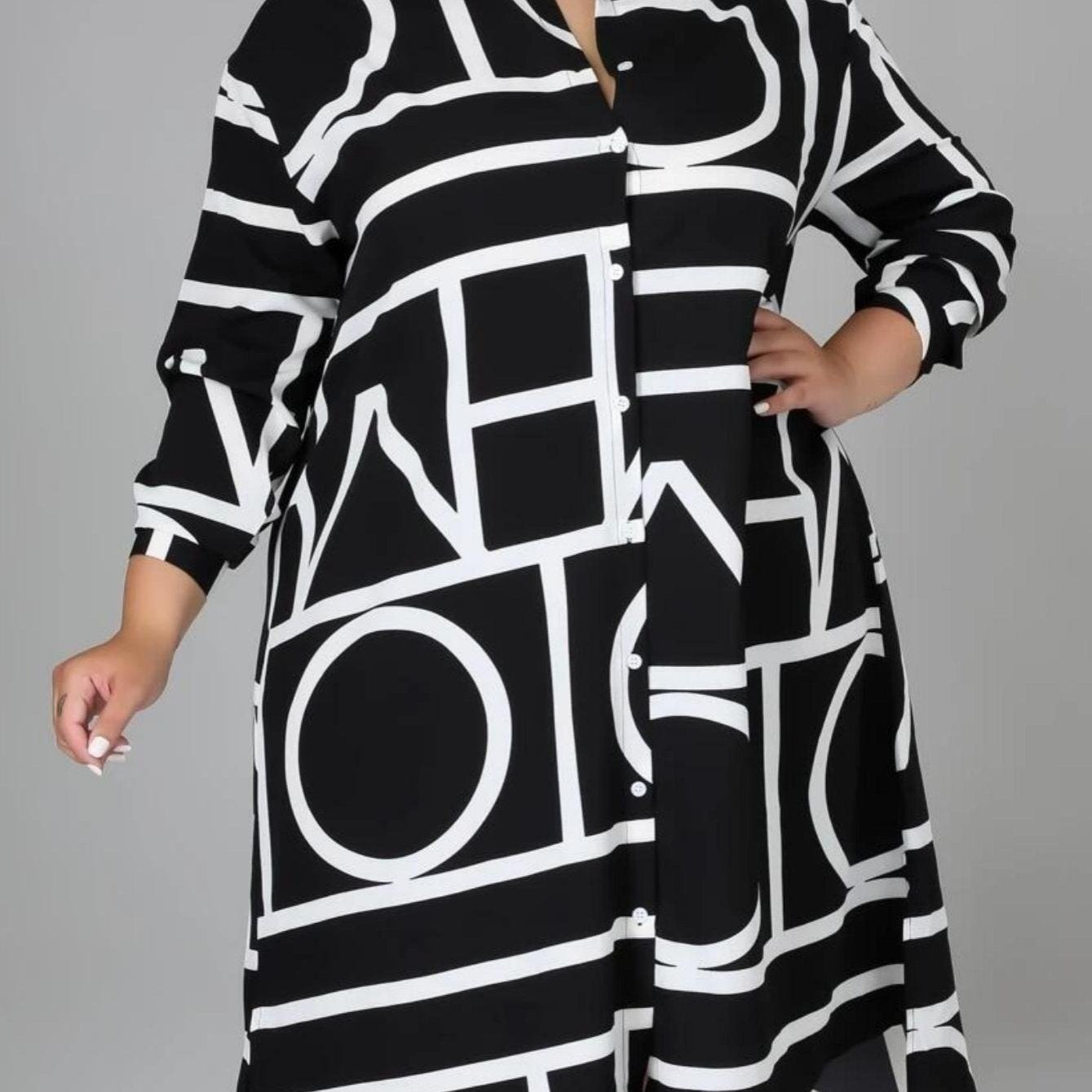 Geometric-pattern Lapel Long Sleeve Irregular Hem Shirt Dress
