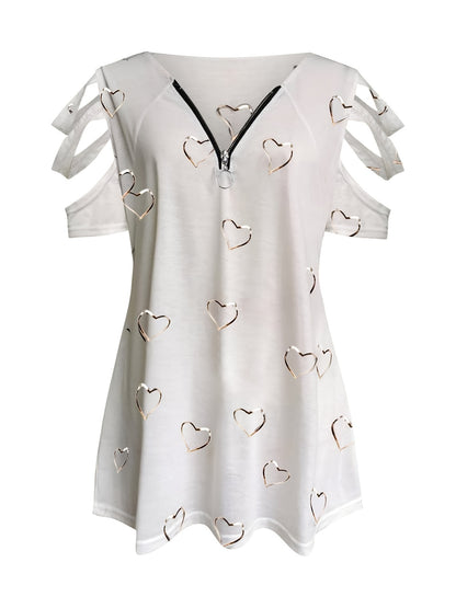 Plus Size Heart Print Zipper Short Sleeve Top; Women's Plus Slight Stretch V Neck Casual T-shirt