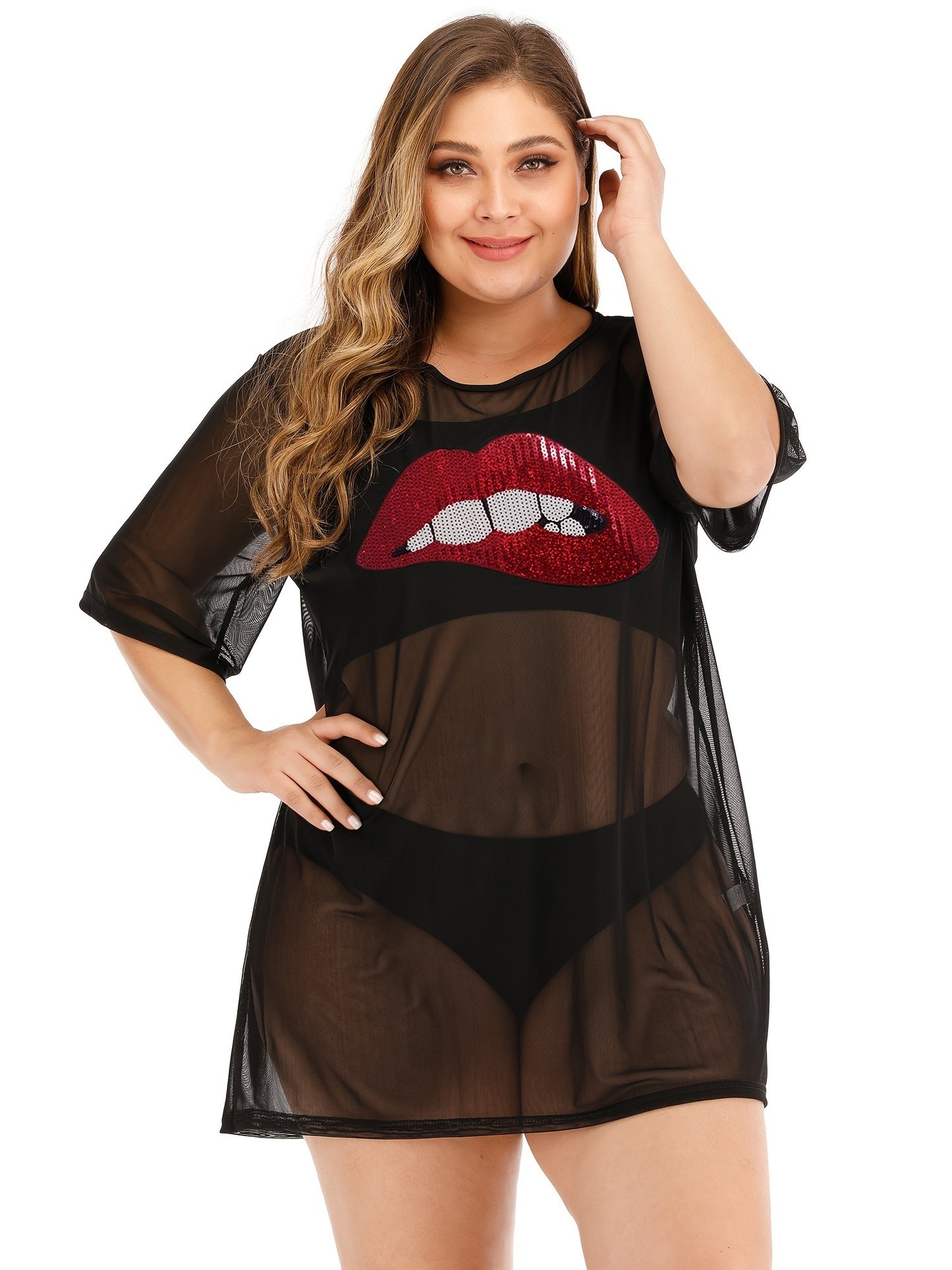 Plus Size Sequin Lip Print Semi Sheer Cover Ups
