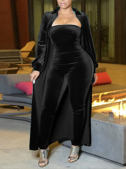 Plus Size Velvet Jumpsuit & Coat Fuzzy Set