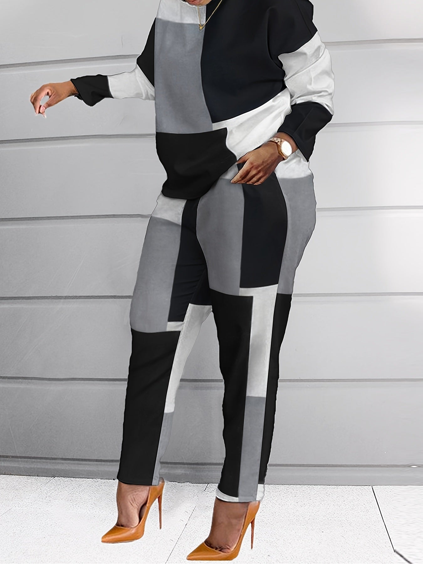 Plus Size Color block Long Sleeve Tops & Pants Set