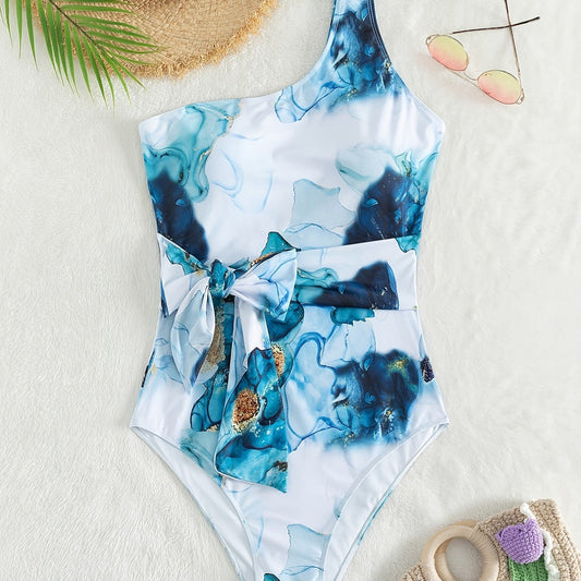 Plus Size Tie Dye Print Side Knot One Shoulder One Piece Swimsuit