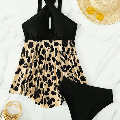 Plus Size Criss Cross Neck Leopard Print Bikini Set