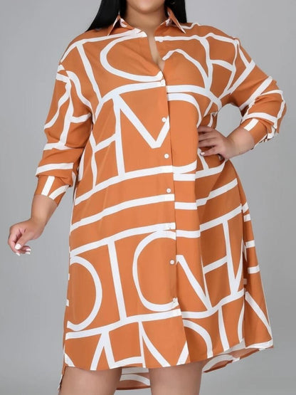 Geometric-pattern Lapel Long Sleeve Irregular Hem Shirt Dress
