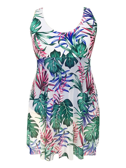 Plus Size Tropical Print Split Hem Contrast Mesh One Piece Swimsuit