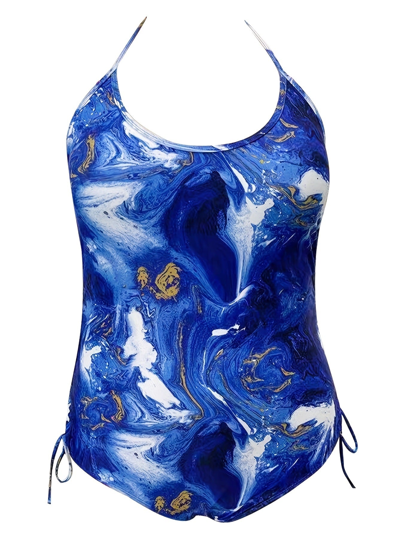 Plus Size Fluid Print Drawstring One Piece Swimsuit