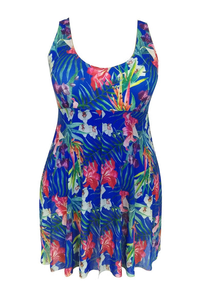 Women's Plus Tropical Print Contrast Mesh Layered One Piece Swimsuit