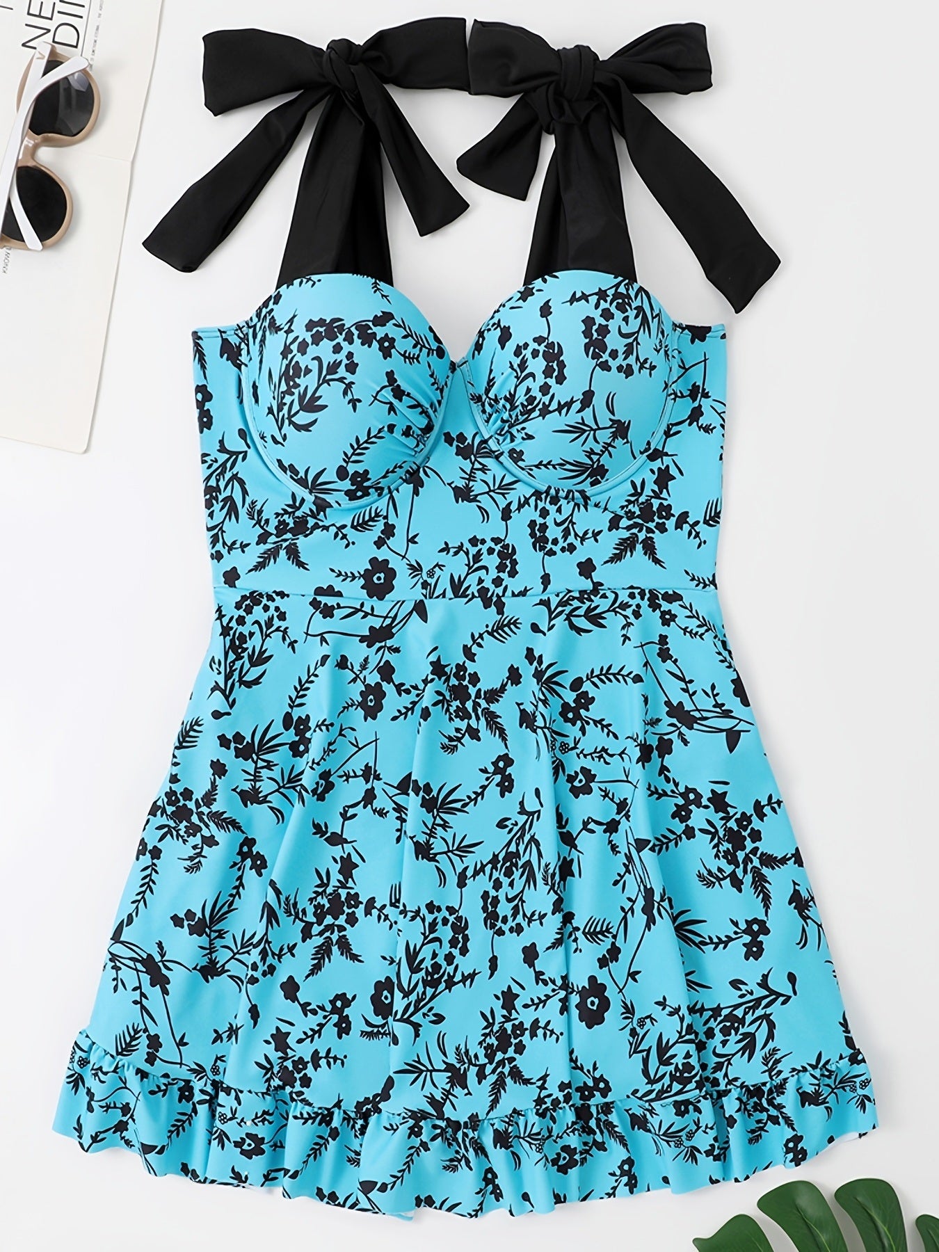 Plus Size Floral Print Knot Strap One Piece Fashion Swimsuit