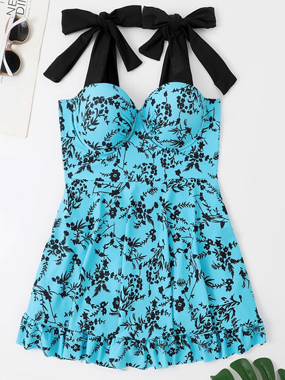 Plus Size Floral Print Knot Strap One Piece Fashion Swimsuit