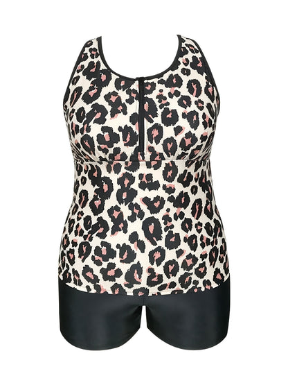 Plus Size Leopard Print Zipper Tank Top & Shorts Swimsuit Set
