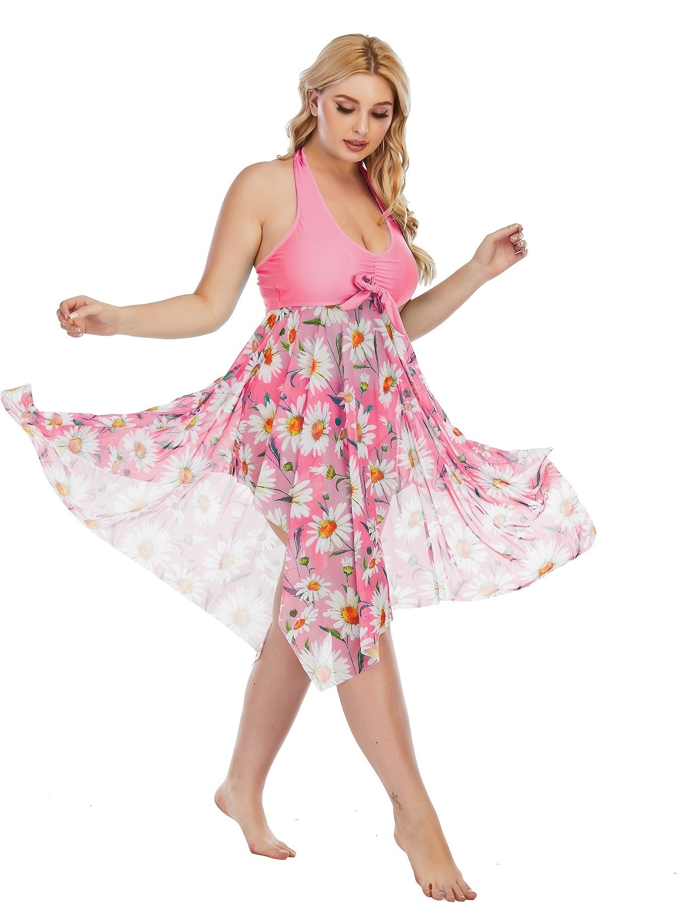 Plus Size Floral Print Irregular Hem Dress & Panty Swimsuit Set