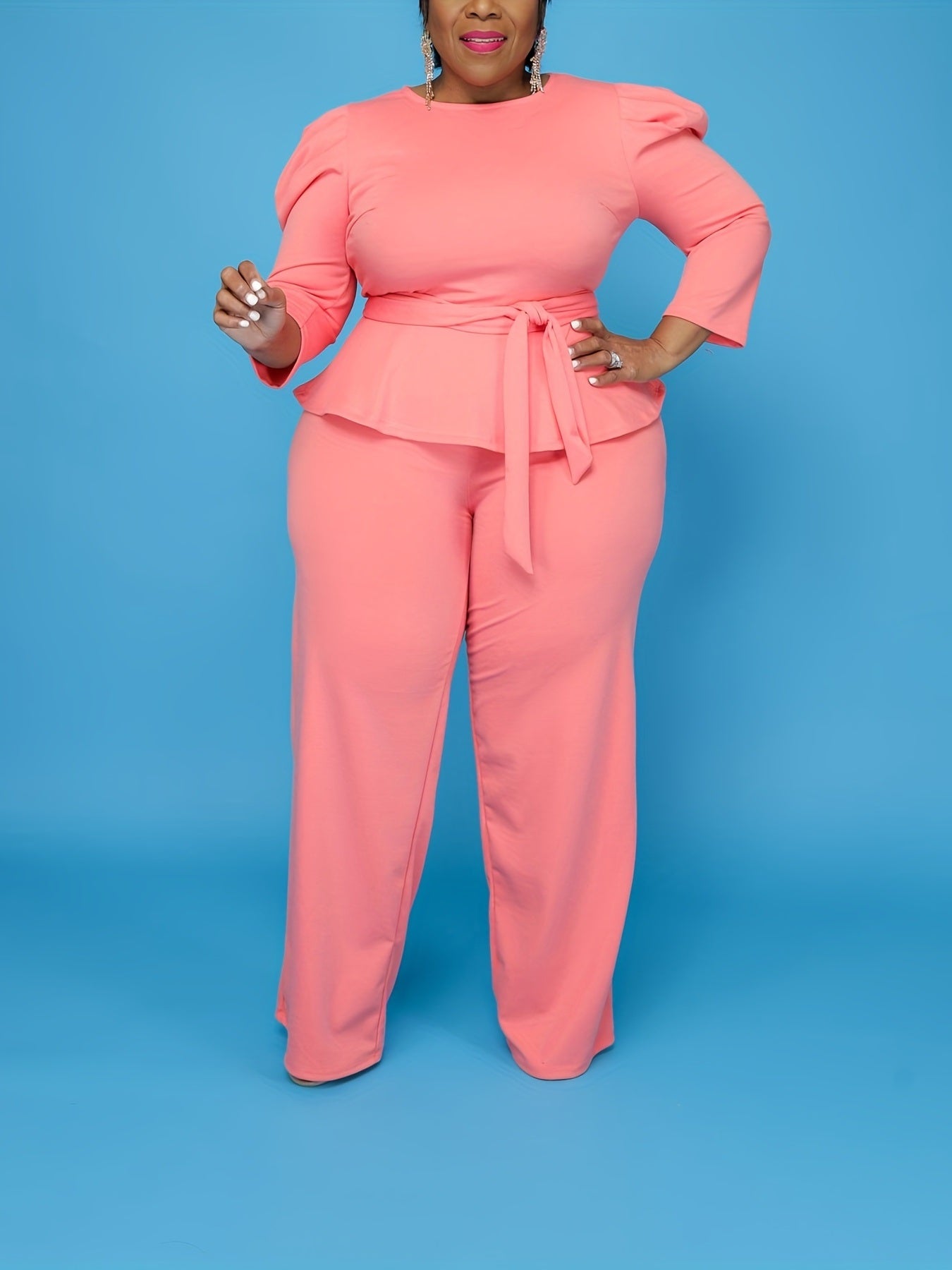 Women's Plus 3/4 Sleeve Peplum Zipper Tops Wide Leg Pant Outfits
