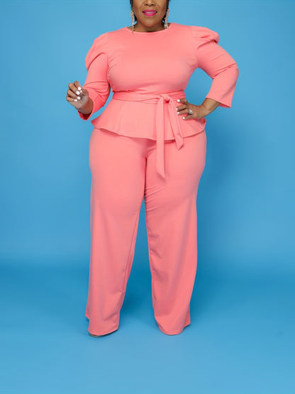 Women's Plus 3/4 Sleeve Peplum Zipper Tops Wide Leg Pant Outfits