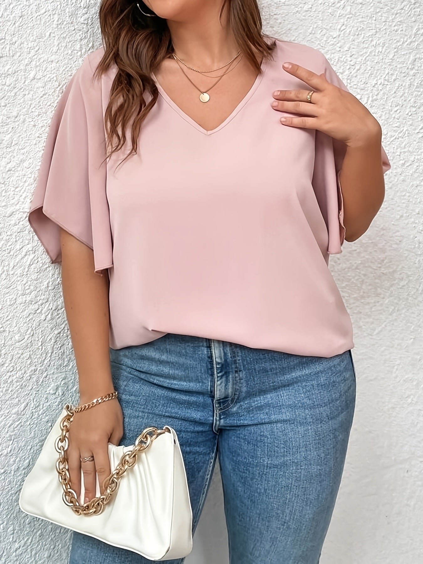 Plus Size Solid Color V Neck Bell Sleeve T-shirt