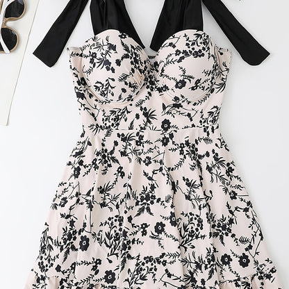 Plus Size Floral Print Knot Strap One Piece Fashion Swimsuit