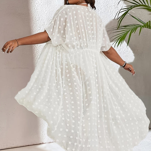 Plus Size Swiss Dot Short Sleeve Drawstring Cardigan