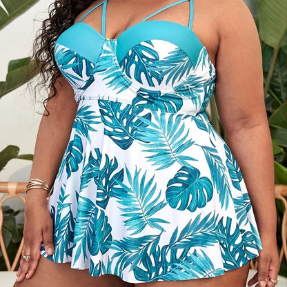 Plus Size Tropical Print Cut Out Top & Panties Swimsuit Set