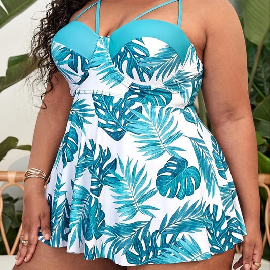 Plus Size Tropical Print Cut Out Top & Panties Swimsuit Set