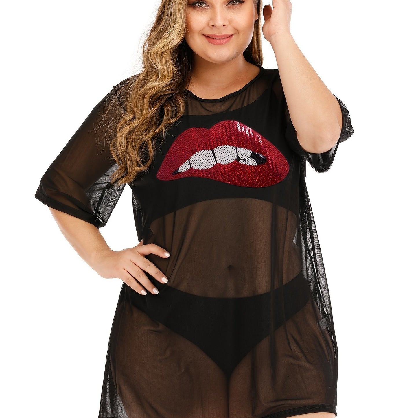 Plus Size Sequin Lip Print Semi Sheer Cover Ups