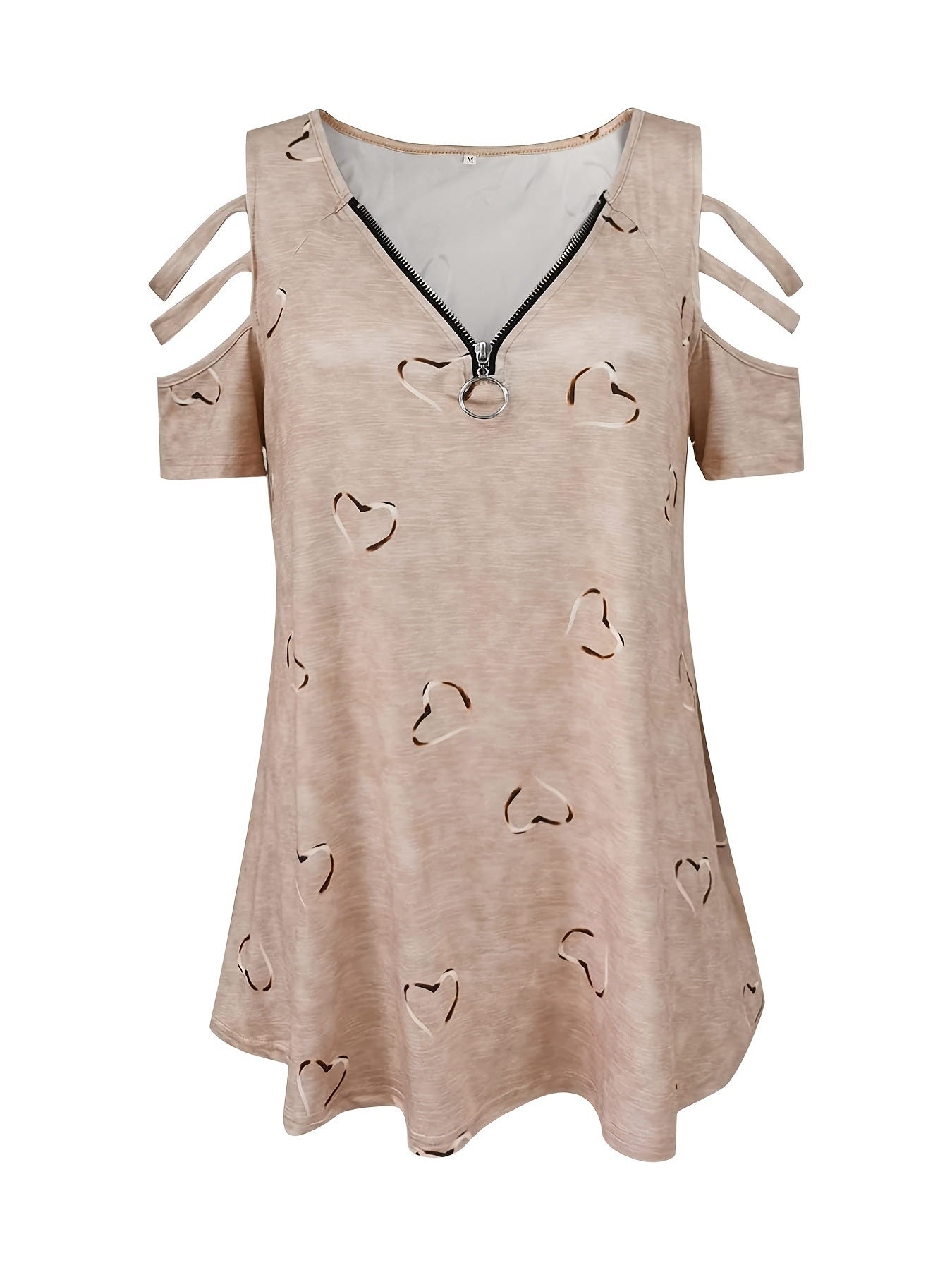 Plus Size Heart Print Zipper Short Sleeve Top; Women's Plus Slight Stretch V Neck Casual T-shirt