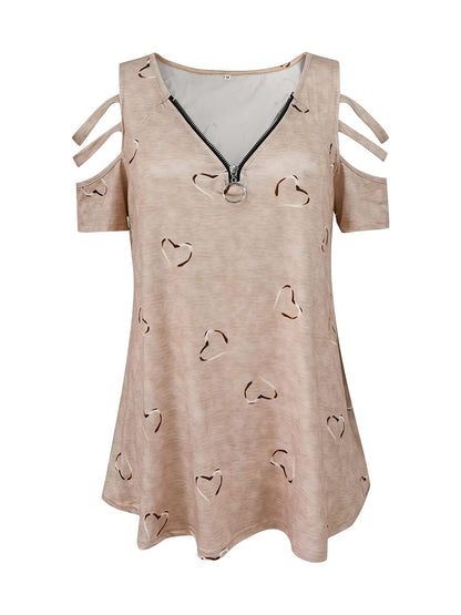 Plus Size Heart Print Zipper Short Sleeve Top; Women's Plus Slight Stretch V Neck Casual T-shirt