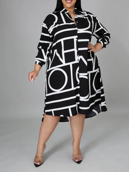 Geometric-pattern Lapel Long Sleeve Irregular Hem Shirt Dress