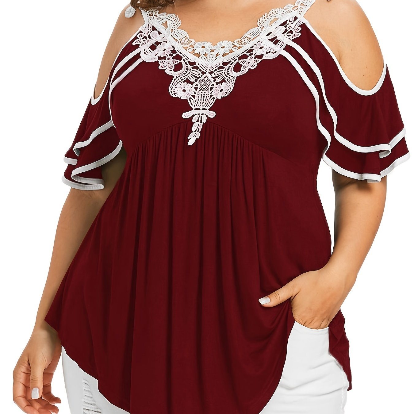 Plus Size Contrast Lace Cold Shoulder T-shirt