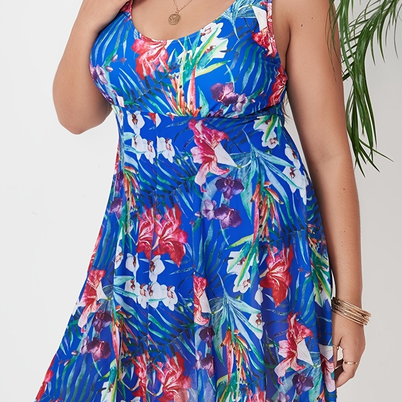 Women's Plus Tropical Print Contrast Mesh Layered One Piece Swimsuit