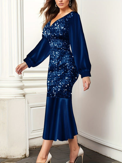 Sequined Mermaid Hem Dress, Elegant Long Sleeve V Neck Dress