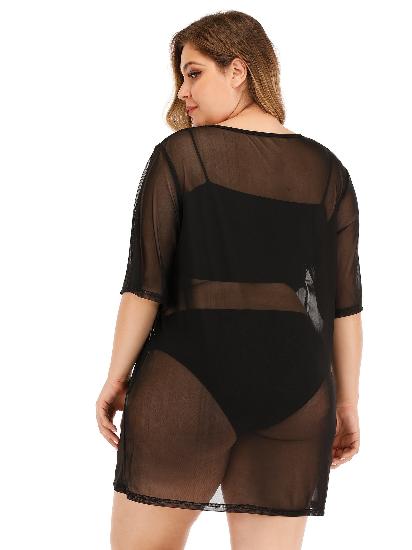 Plus Size Sequin Lip Print Semi Sheer Cover Ups