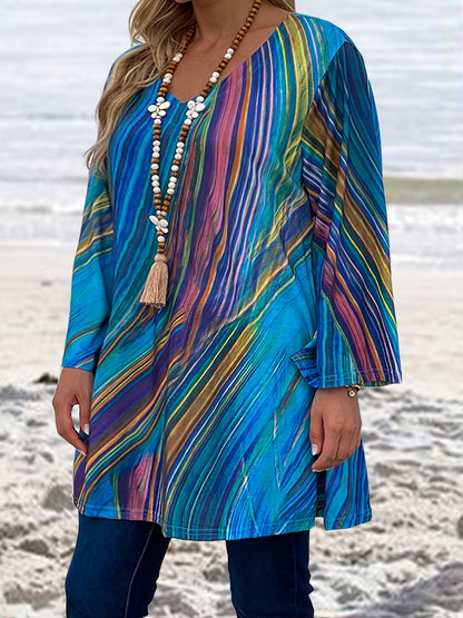 Women's Plus Fluid Print Half Sleeve V Neck Tunic Top