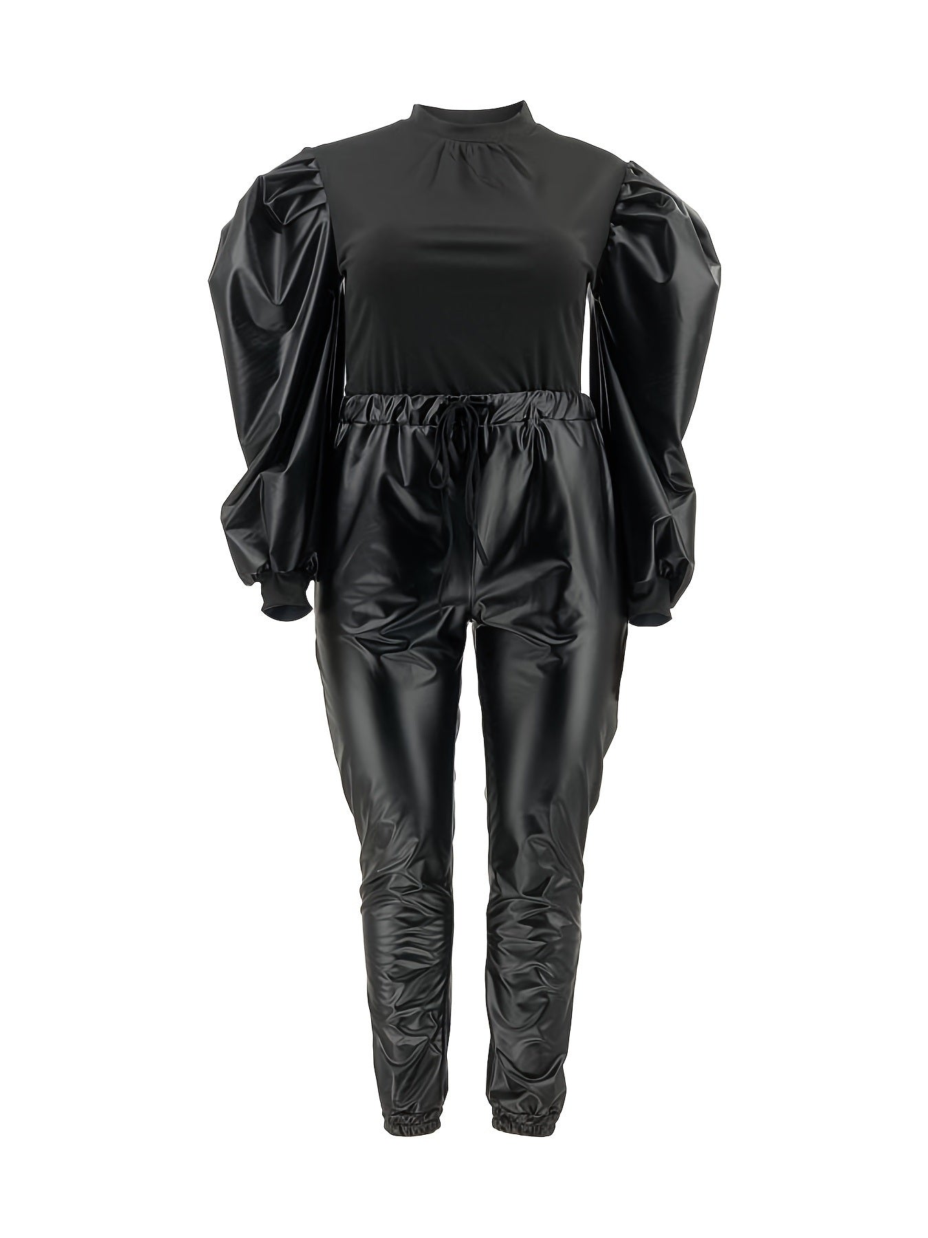 Plus Size Contrast Layer Solid Puff Sleeve Tops & Sweatpants Set