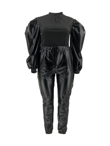 Plus Size Contrast Layer Solid Puff Sleeve Tops & Sweatpants Set